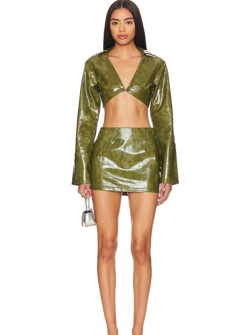 superdown Olive Patent Crop Blazer & Mini Skirt Set